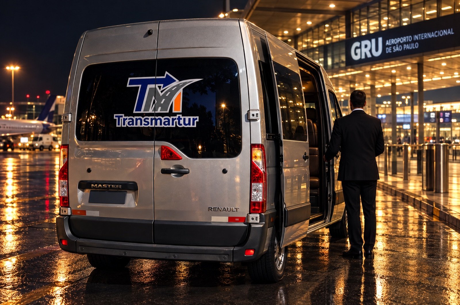 Van executiva prata da Transmartur com motorista uniformizado no desembarque do Aeroporto de Guarulhos (GRU) à noite.