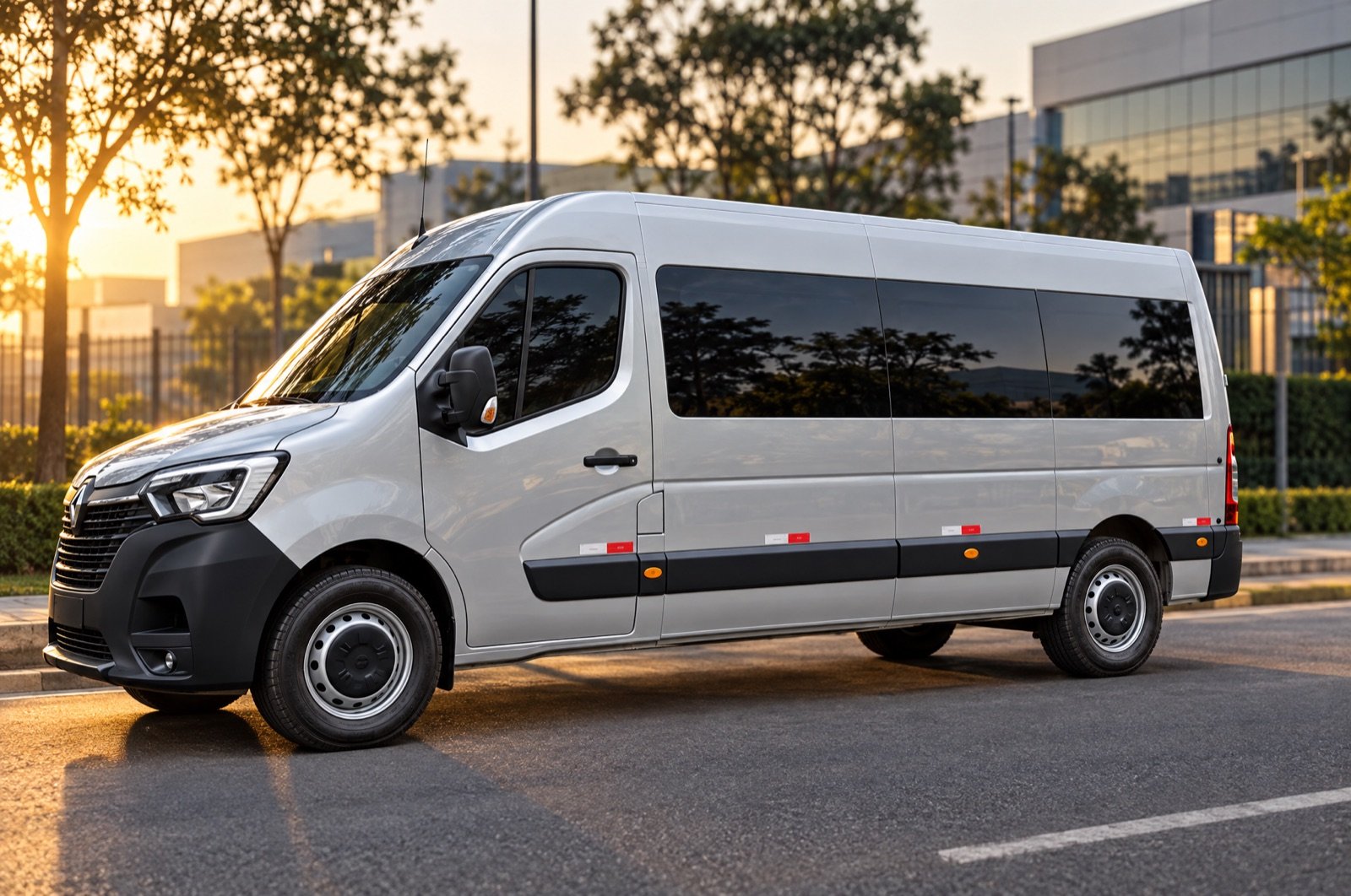 Van executiva prata Renault Master de perfil, com vidros escurecidos, estacionada perto de um campus corporativo em São Paulo ao amanhecer.